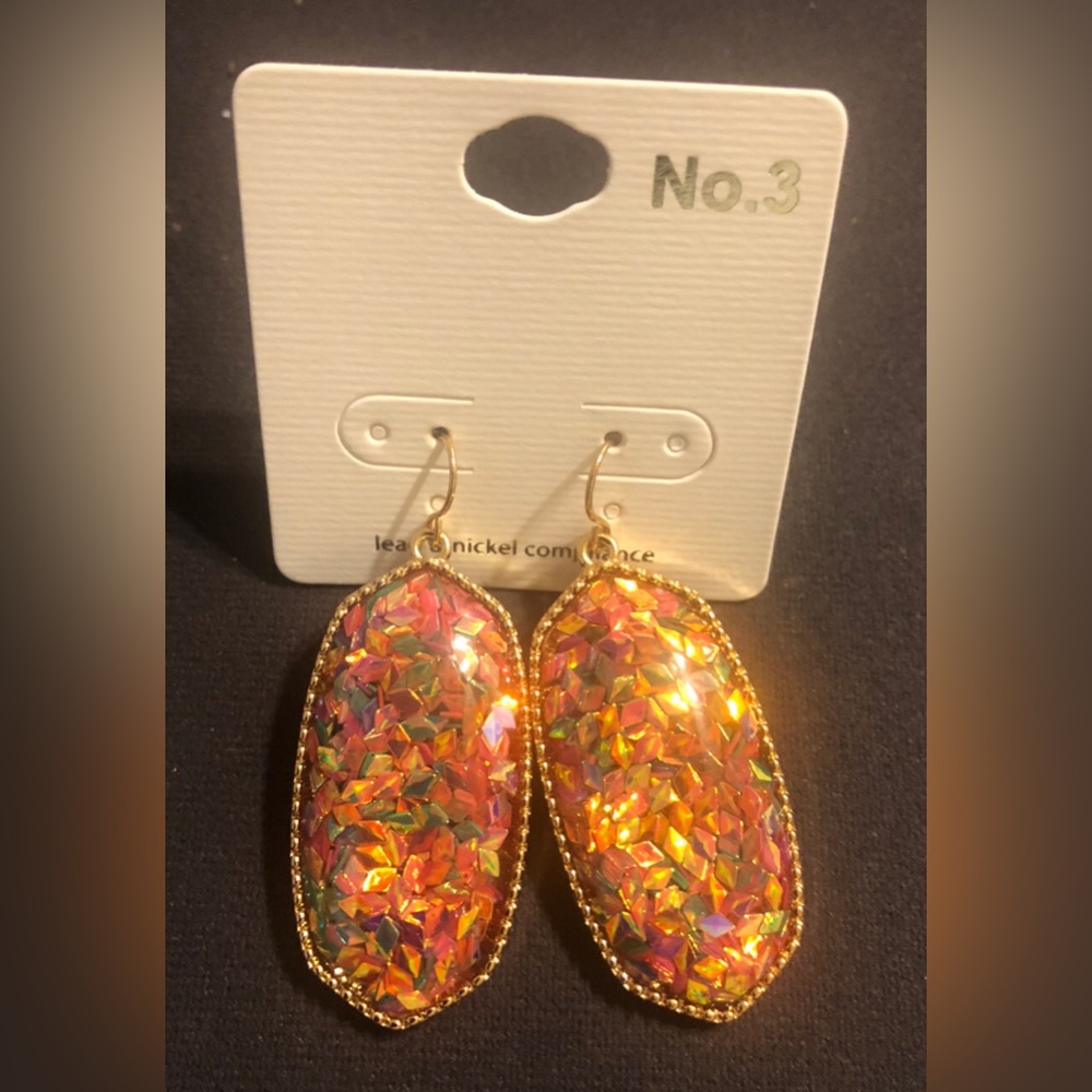 Gold-Trim Iridescent Orange Mosaic Drop Earrings